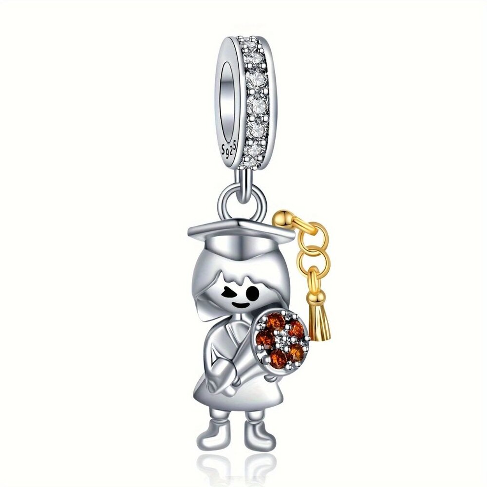 Sterling Silver Graduation Charm Girl Graduate with Cap and Gown Dangle